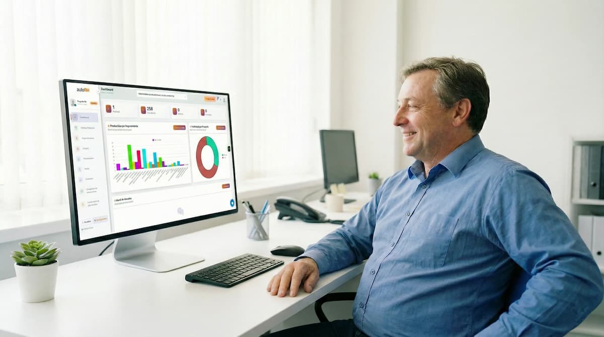 Homem sorrindo trabalhando feliz no escritório